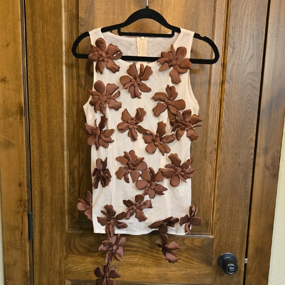 Floral Embellished Sleeveless Top - Cream and Brown - Picture 2 of 8